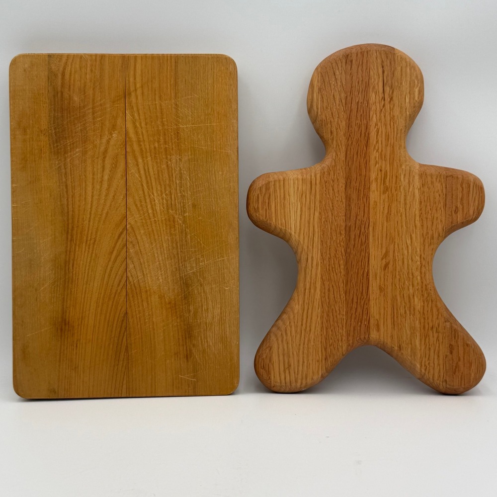 Vintage Oak Wood Cutting Board Set Gingerbread Man Holiday Charcuterie 2pc